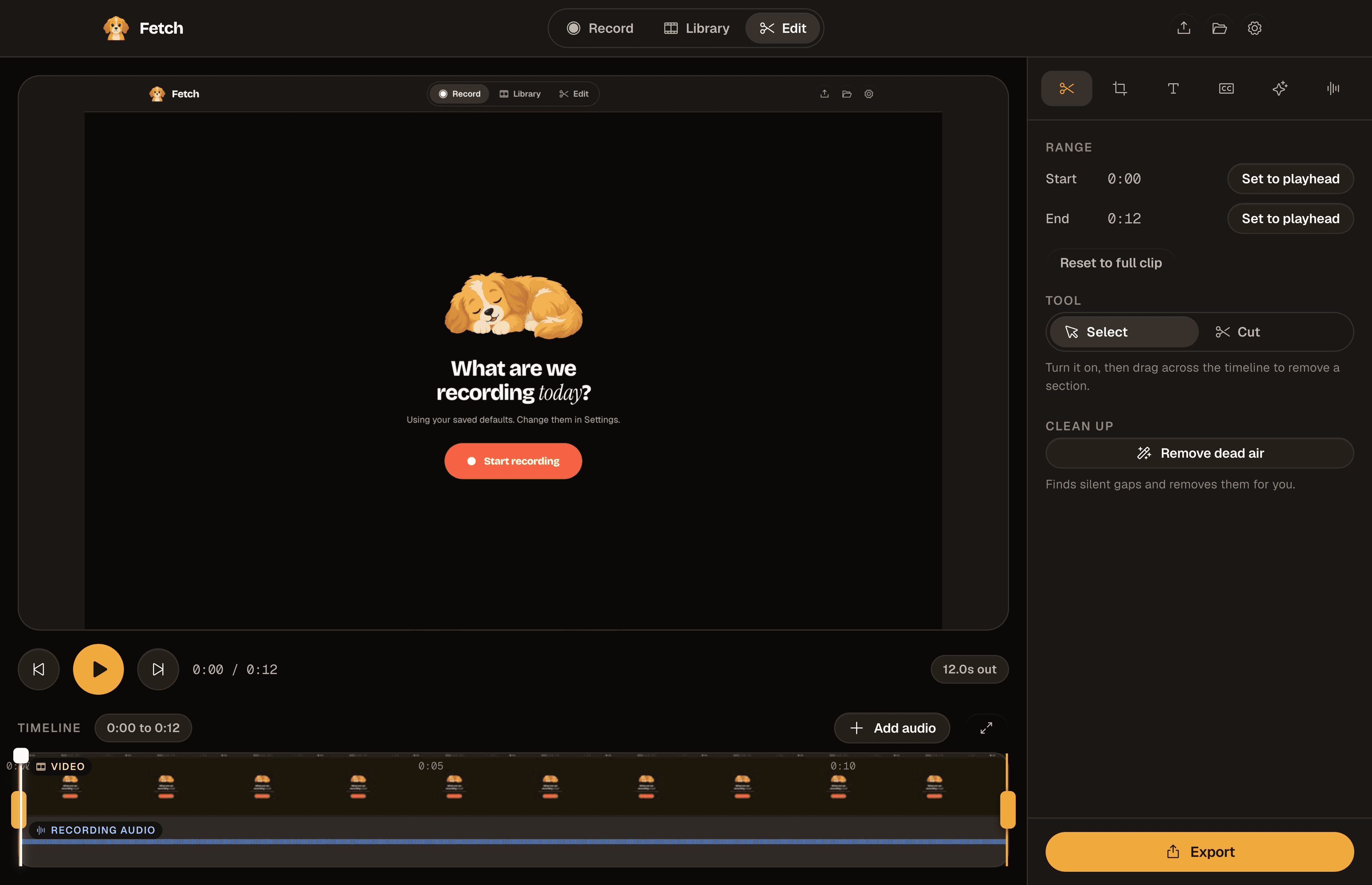 The Fetch editor: a clip on the canvas, video and audio lanes on the timeline, and the range inspector open on the right.