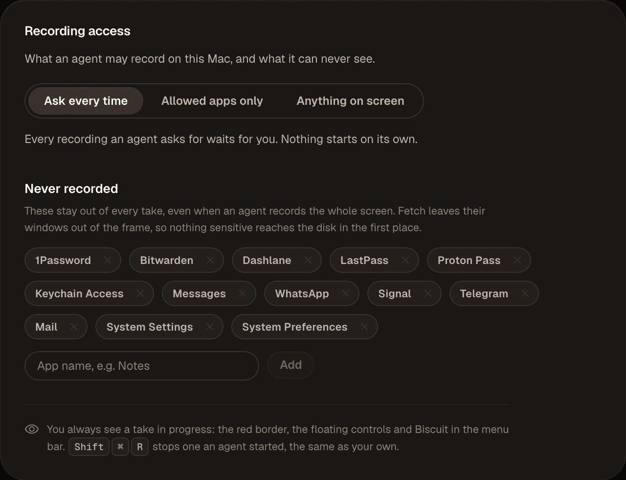 Recording access settings: Ask every time, Allowed apps only, or Anything on screen, and a Never recorded list of 1Password, Bitwarden, Dashlane, LastPass, Proton Pass, Keychain Access, Messages, WhatsApp, Signal, Telegram, Mail, System Settings and System Preferences.