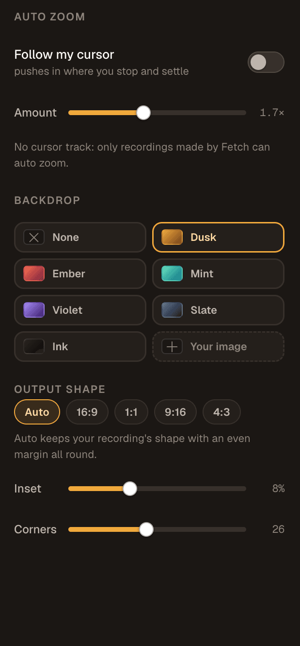 The Look panel with the Dusk backdrop selected, output shape Auto, and inset and corner sliders.