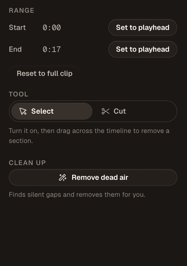The Trim panel: range start and end, Select and Cut tools, and a Remove dead air button.